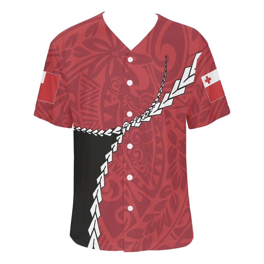 New Design Men's Sportswea Polynesian Traditional Tribal Tonga Flag Print Shirt O Collar Short Sleeve Breathable Baseball Shirt