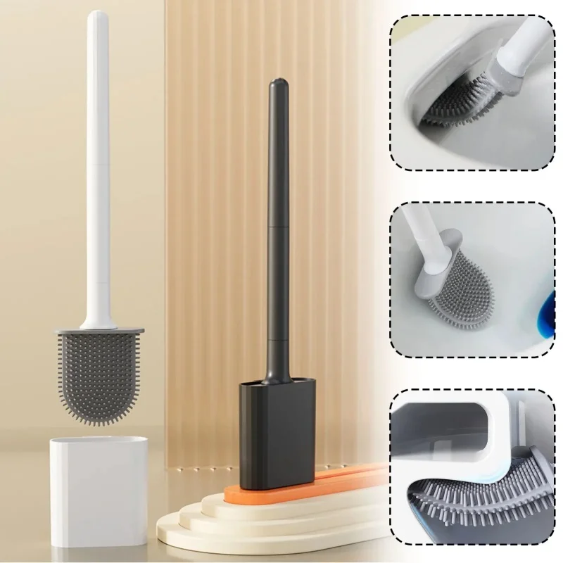 Silicone Toilet Brush No Hair Tangling | 2 in 1 Wall Mounted Standing | Quick Drying Bathroom Cleaning Brush for Dead Corners