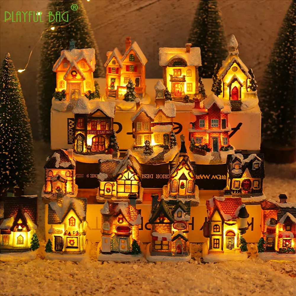 Christmas Resin Cabin Colorful Luminous House LED Lamp Desktop Scene Village Party Creative Festivals Gift Kids Toys VG150