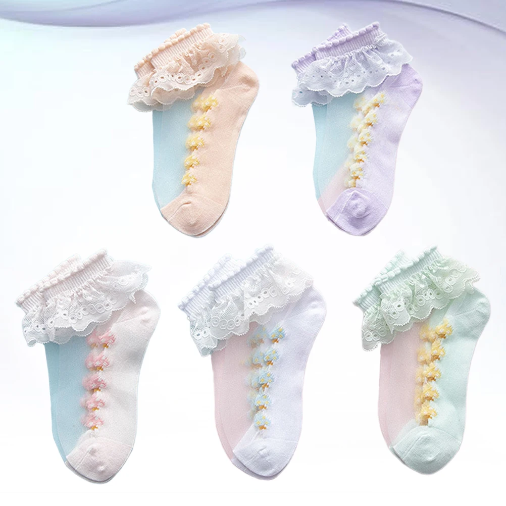 

5pcs Kids Ankle Girls Lace Trim Soft Breathable Short Socks For Spring Summer Durable Elastic Easy Clean Baby Socks 3-5 Years