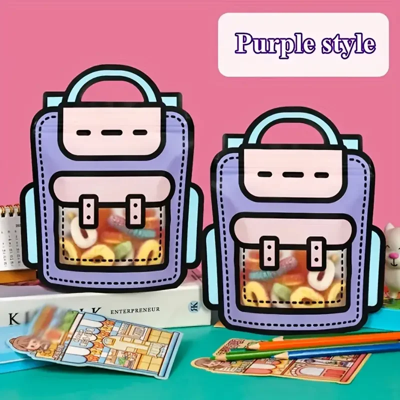 10pcs Creative School Bags Shape Cookie Candy Plastic Zipper Bags, Snack Packaging For Birthday Graduation Party Present Handbag