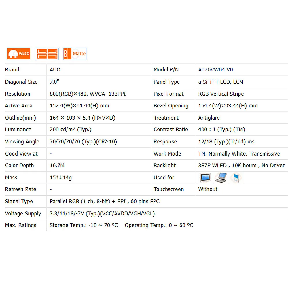 7 Inch 800*480 A070VW04 V.0 LCD Display Screen Panel Car Navigation DVD Display
