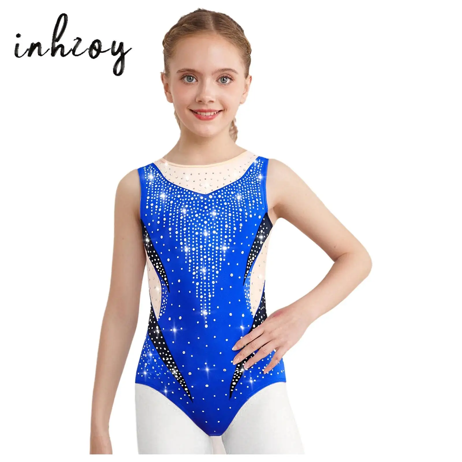 Body per bambina, pattinaggio di figura, ginnastica, danza, body con strass lucidi, senza maniche, in rete trasparente, costume da ballo per balletto jazz