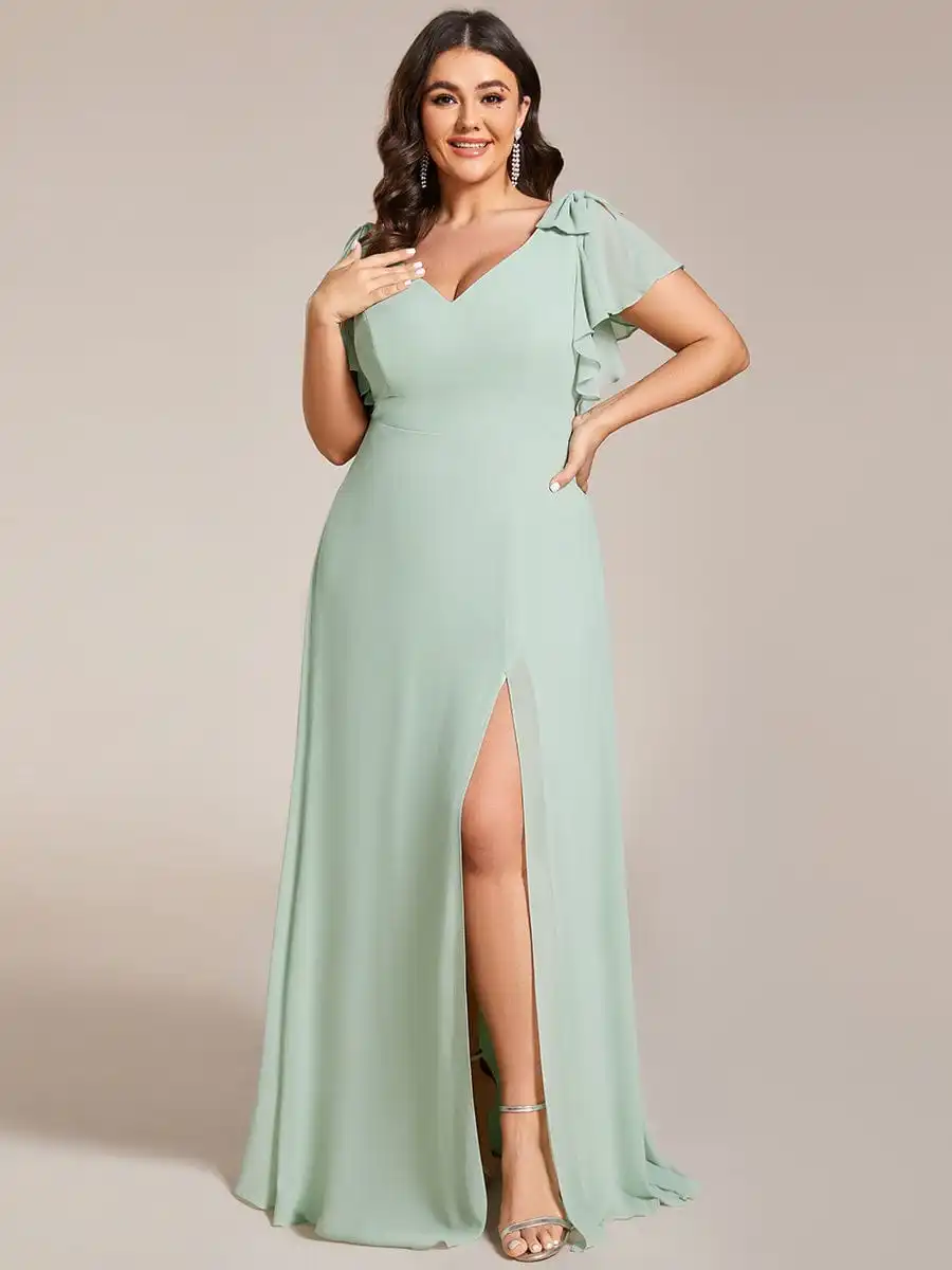 

Plus Size Evening Dresses Split Ruffles Sleeves with Bowknot Double V-neck 2024 of Chiffon Mint Green Bridesmaid dress