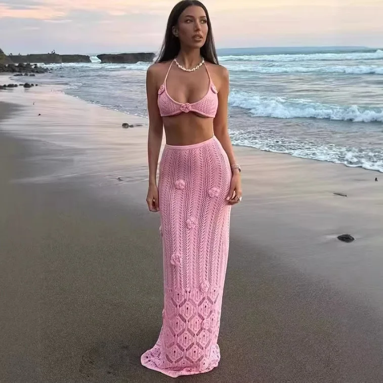 

2026 New Vacation Style Dress Three-dimensional Crochet Hollow Back Sunscreen Dress Beach Blouse