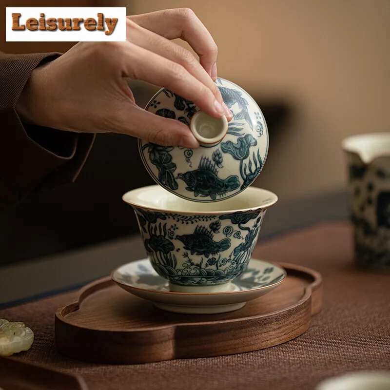 150ml Chinese Fish and Algae Pattern Gaiwan Aesthetic Imitation Song Ru Kiln Tea Tureen Tea Brewing Cover Bowl Cha Teaware Craft