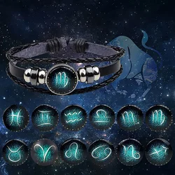 12 Constellation Luminous Bracelet Men Women Couple Multi-Layer Handmade Woven PU Rope Charm Bracelet Wristband Jewelry Gifts