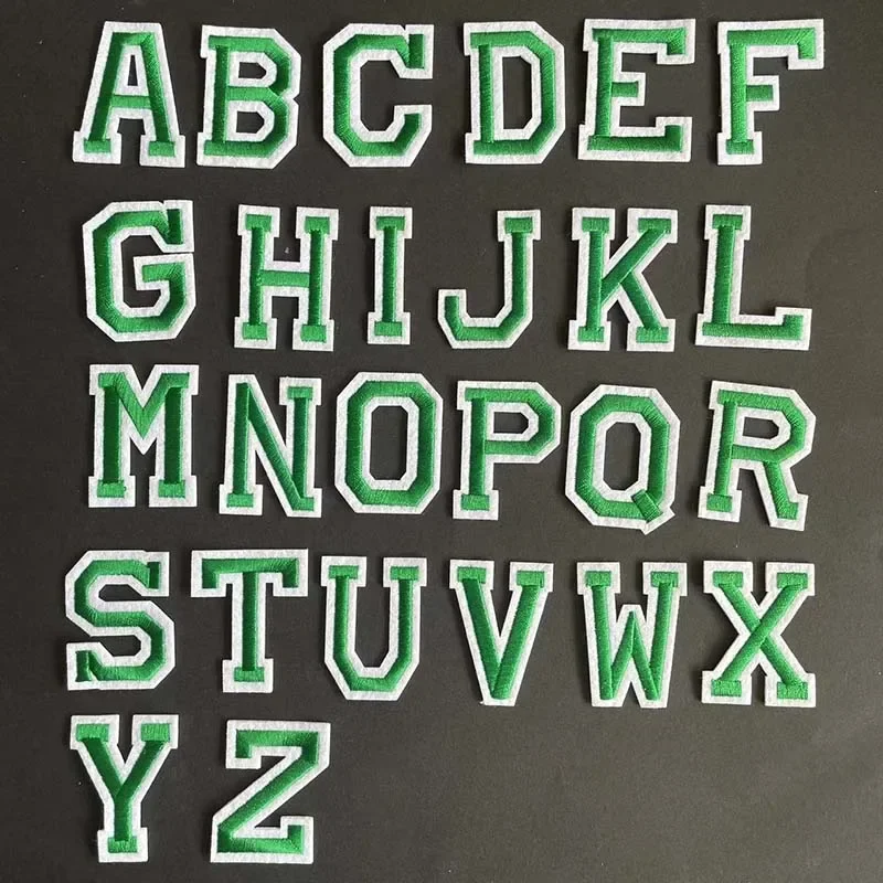 A-Z,Green Alphabet Letter Embroidery Applique Badges Iron On Patch,26 Letters Fabric Stickers Clothing Thermoadhesive Patches