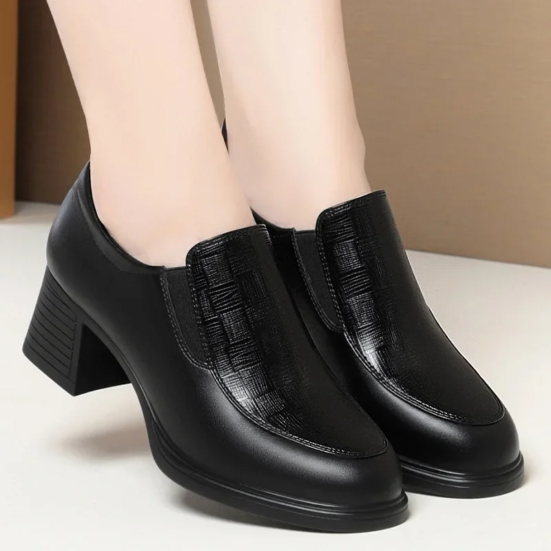 4cm 5cm Vintage Med Block Heels Soft Leather Shoes Women Loafers 2024 Spring Breathable Black Platform Shoes for Office Mom