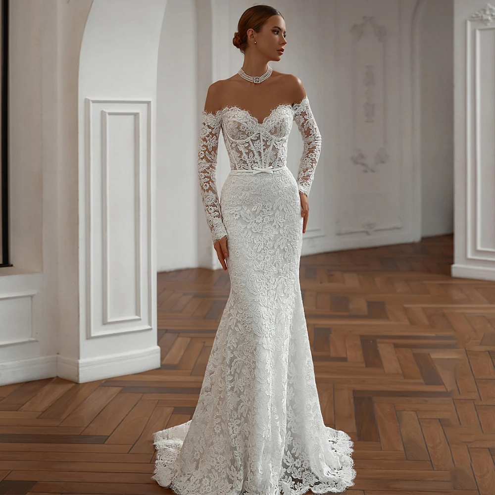 Vestidos de novia de sirena de encaje para mujer, vestido de novia personalizado con escote Corazón, mangas completas, transparente, tren de barrido, 2024