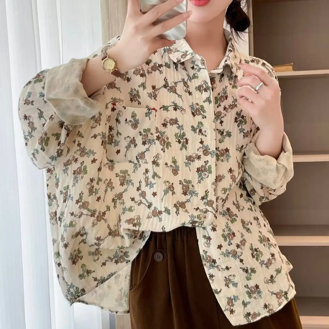 Mori Girls Autumn Spring Japan Style 100% Cotton Yarn Printed Shirts and Blouses Plus Size Fine Elegant Blouses Women Outerwear