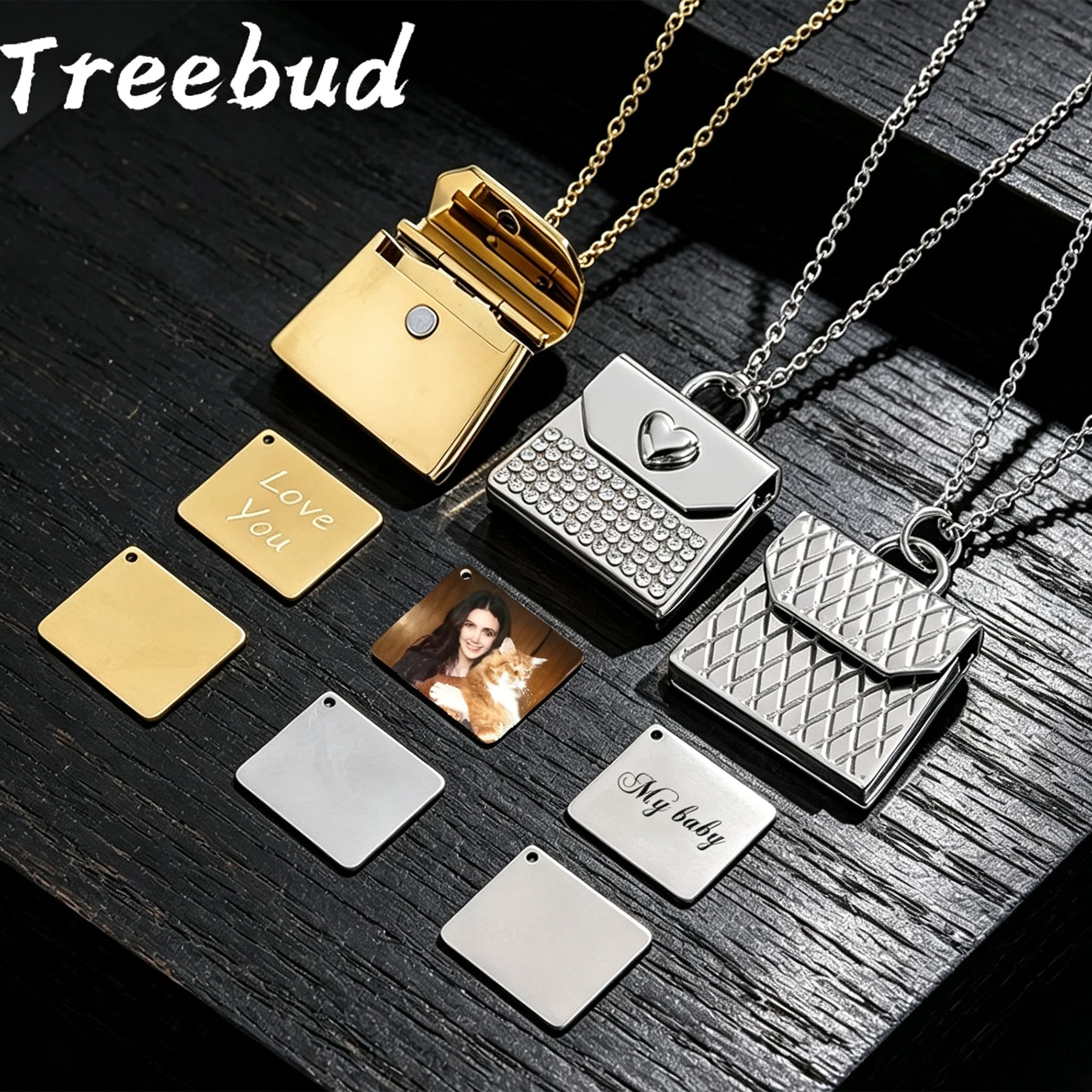 Treebud Personalized Bag Locket Color Photo Engraved Text Stainless Steel Pendant Openable Handbag Shape Zircon Charm Necklace