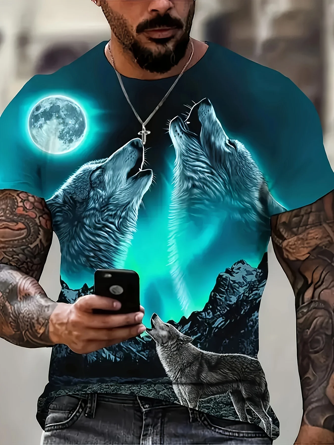 Men Short Sleeve Crew Neck T‑Shirt Howling Wolf Pack Glowing Moon Mountain Night Animal Casual Tops