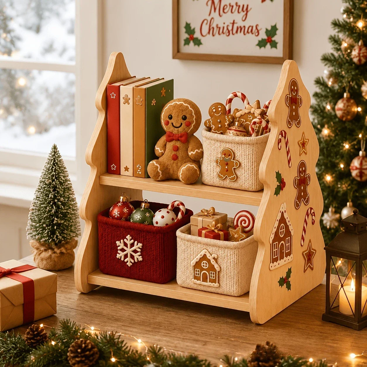 Christmas Home Tabletop Decor Wooden Tree Storage Shelf Gingerbread Man Sticker Organizer For Books Sundries Xmas Ornament