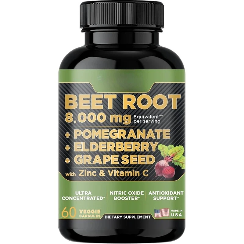 

Beetroot Capsules 1500mg - Vitamin C Zinc, Elderberry, Pomegranate, Grape Seed Extract -60 Capsules
