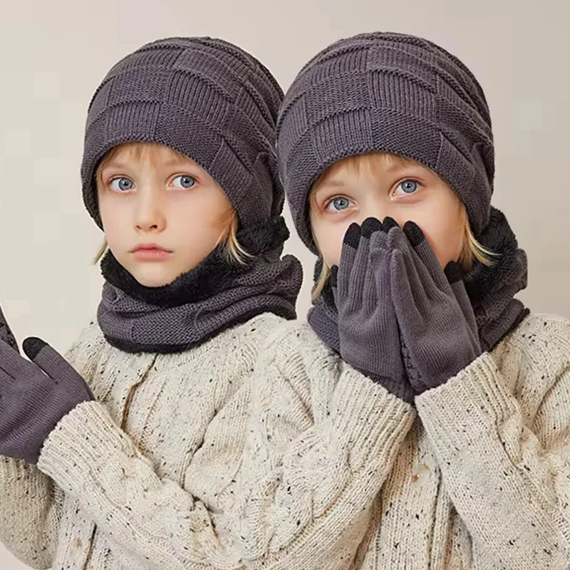 Winter Children Hat Gloves Scarf Set Neck Warmer Scarves Five Finger Gloves Plus Velvet Knitted Hats for Kids Boys Accessories