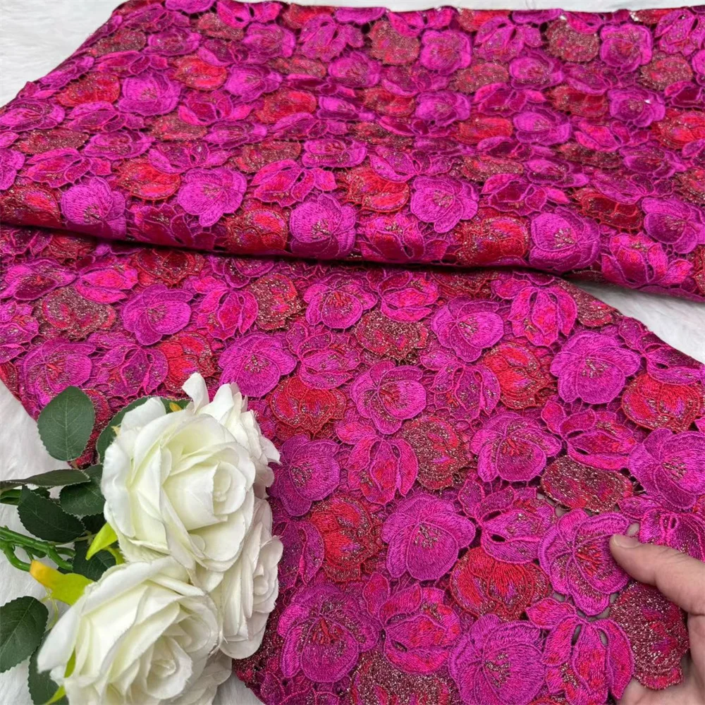 

Африканская шифоновая кружевная ткань 2025, высококачественный кружевной материал, розово-красная нигерийская французская кружевная ткань для женщин, свадебная вечеринка H136-1