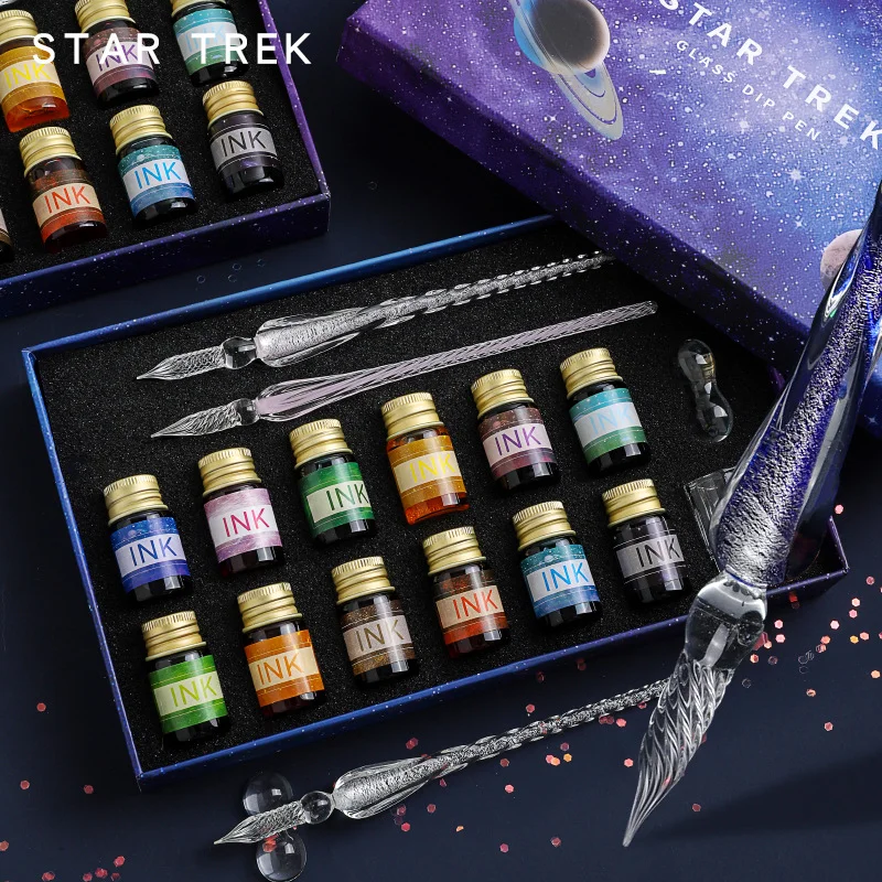 

Free Starry Sky Glass Pen Set Signature Pen Crystal Student Dip Pen Glass Dip Pen Gift Pen Set of 16