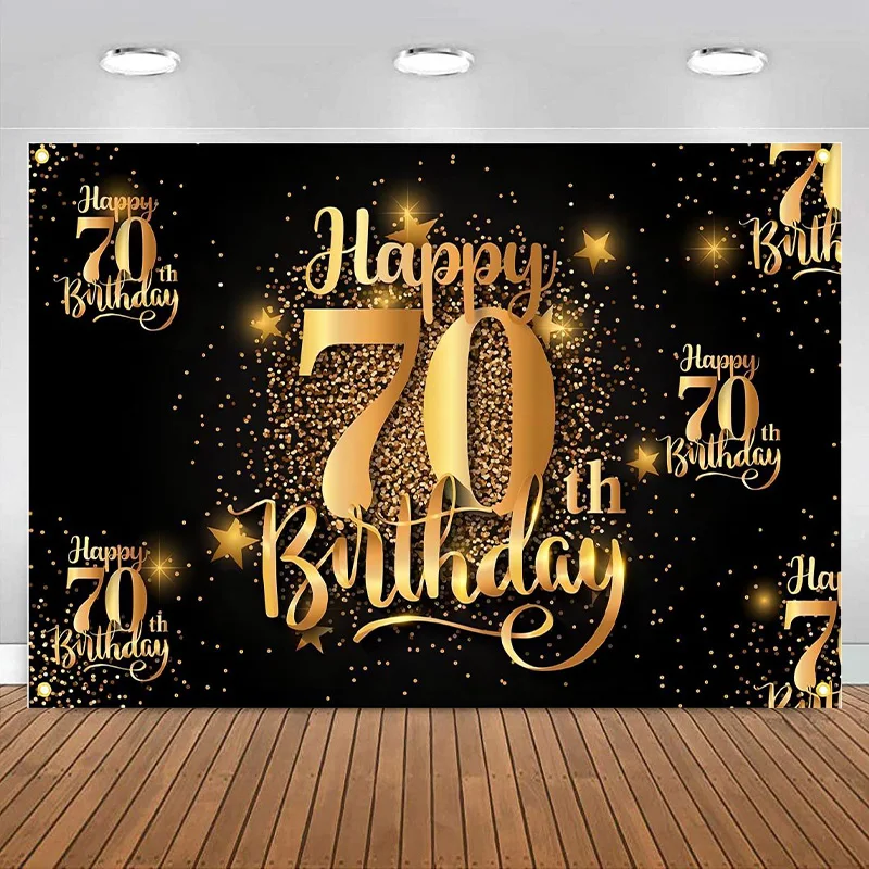 

Happy 70th Birthday Backdrop Banner Repeat Background Decorations for Women Men Photography Party Supplies Glitter Black Gold