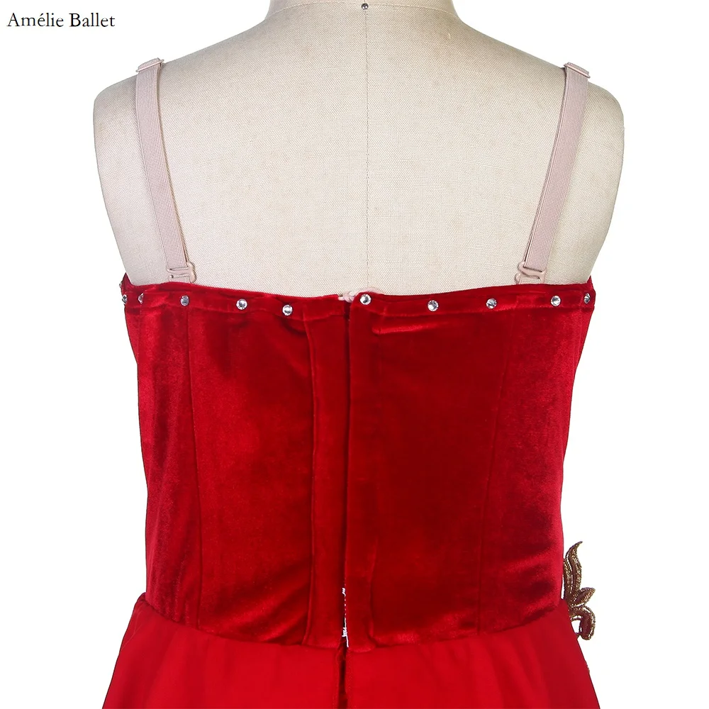 B20020 Tutú de danza de Ballet profesional personalizado para niñas y mujeres, corpiño de terciopelo rojo con apliques dorados y falda de gasa roja