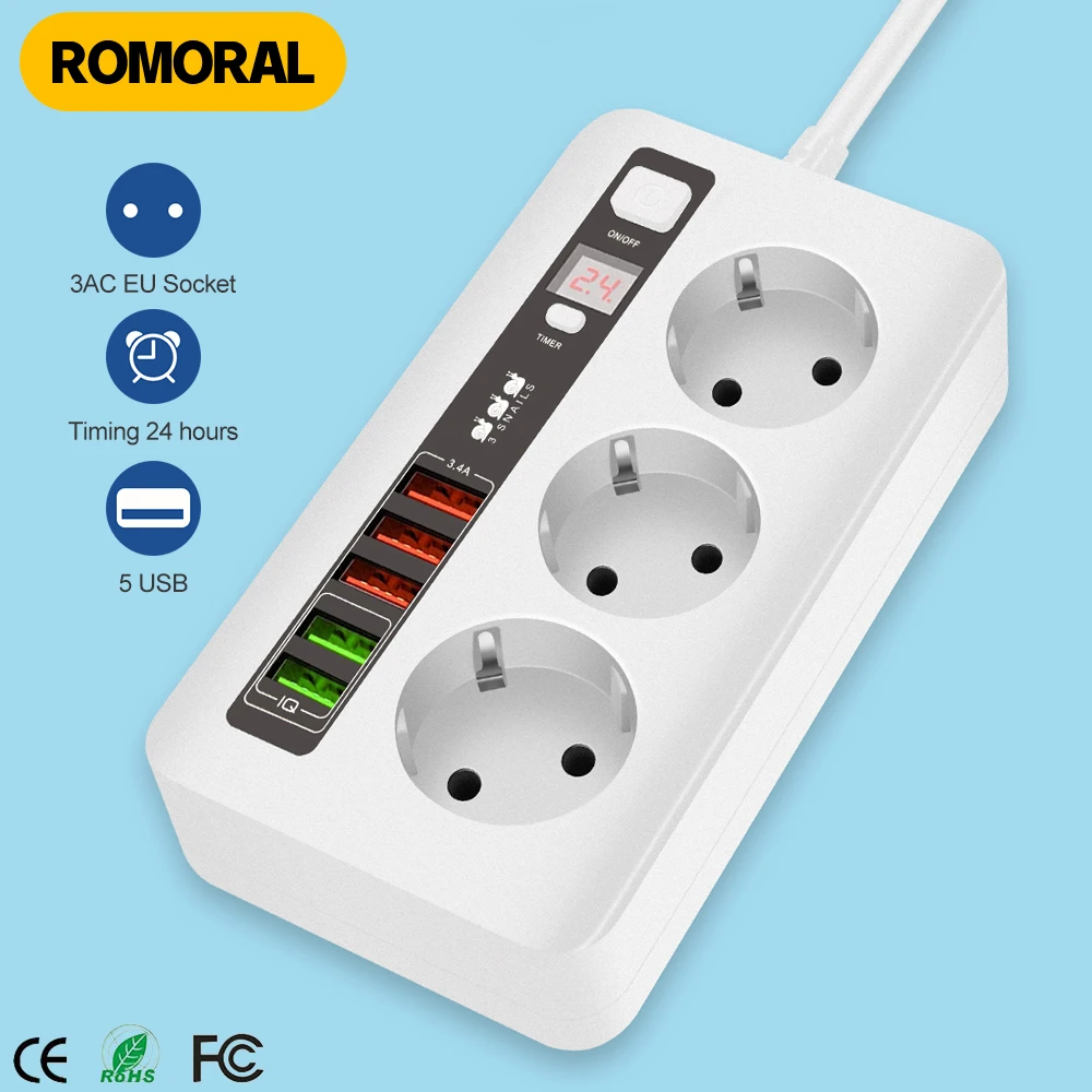 Regleta de alimentación con enchufe europeo para el hogar, cable de extensión eléctrico con interruptor, 3 Ca, 5 puertos USB, temporizador de 2500W, 2M