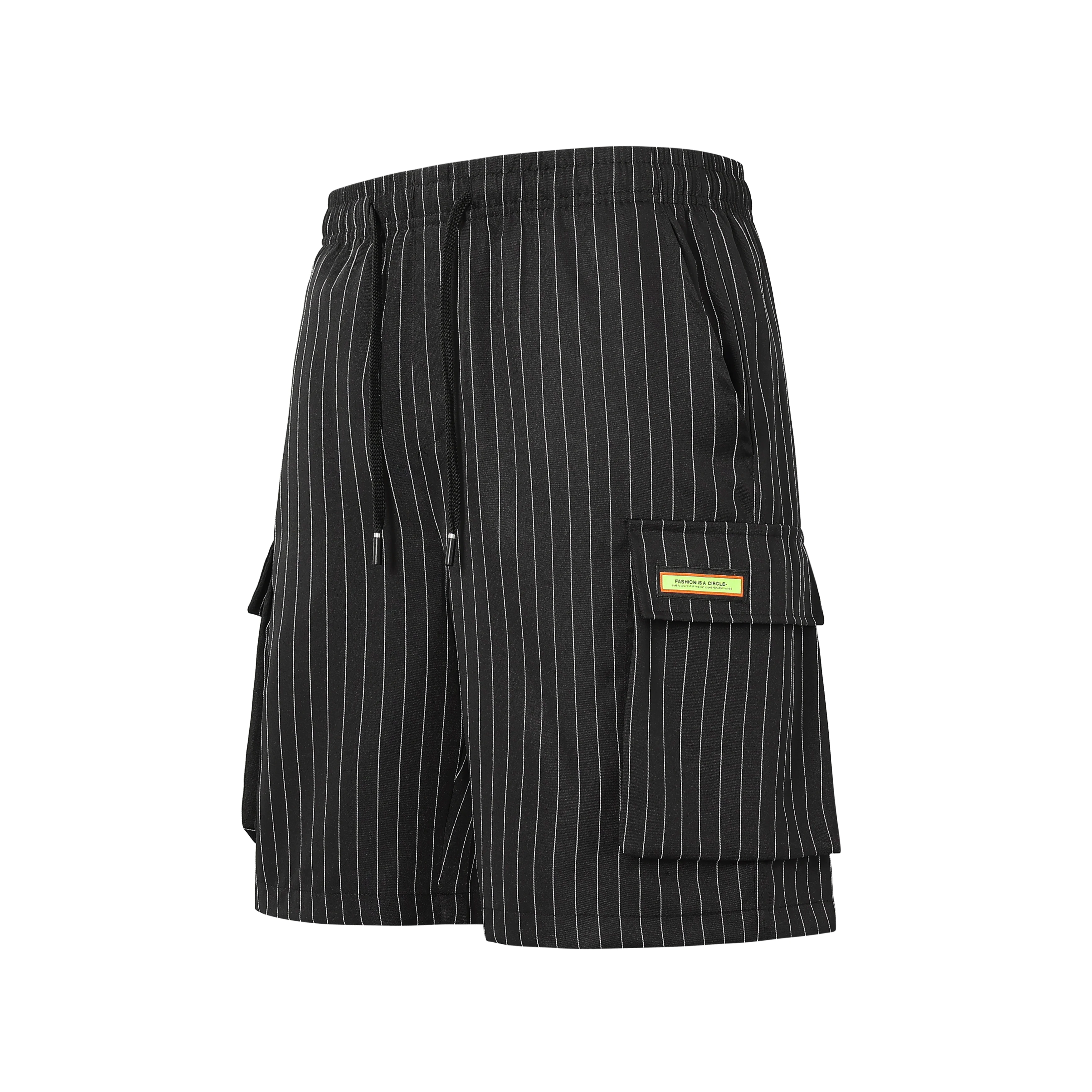 

Vintage Khaki Vertical Striped Cargo Shorts for Men - Pocket Detail Fashion Bottoms