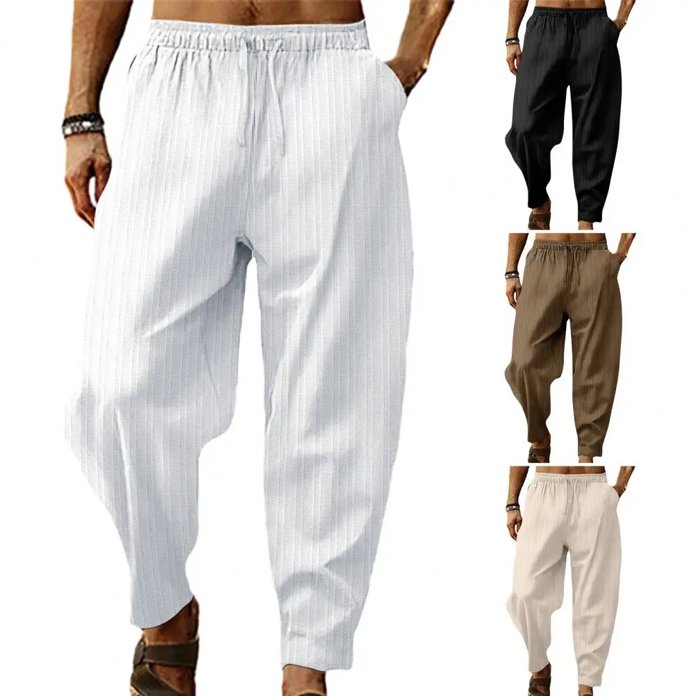 Mid Waist Trousers Comfortable Wide Leg Men\'s Sweatpants Elastic Waist Soft Breathable Fabric Striped Design for Sports Leisure