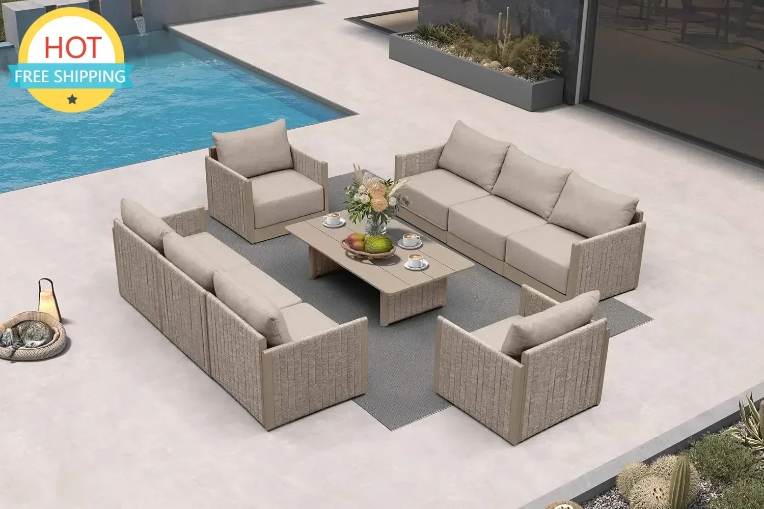 Flash Sale Hot salesPatio Furniture Set 9 Pieces Outdoor Conversation Sets PP Rope Patio Sofa with Cushions and Table Manual Wea