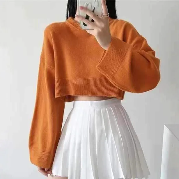 เสื้อสเวตเตอร์แขนยาวทรงสั้นเอวสูง ดีไซน์ใหม่สำหรับฤดูใบไม้ร่วงและฤดูหนาว สีพื้น เรียบง่าย สไตล์นิช สำหรับผู้หญิง