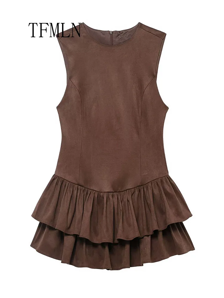 Tfmln doce em camadas mini vestido para mulheres elegante sexy sólido sem mangas em torno do pescoço vestido de volta zíper festa à noite vestidos curtos