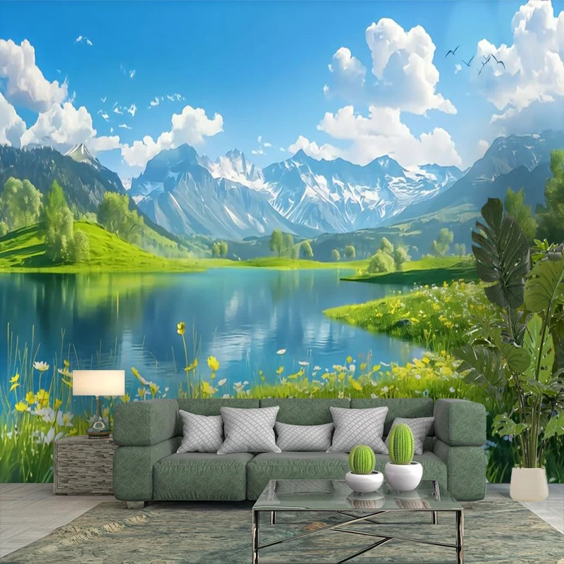 1PC Snow Mountain Lake Grass View Print Backdrop Banner, Bedroom Living Room Photo Background, Polyester, Home Decor, Wall Art