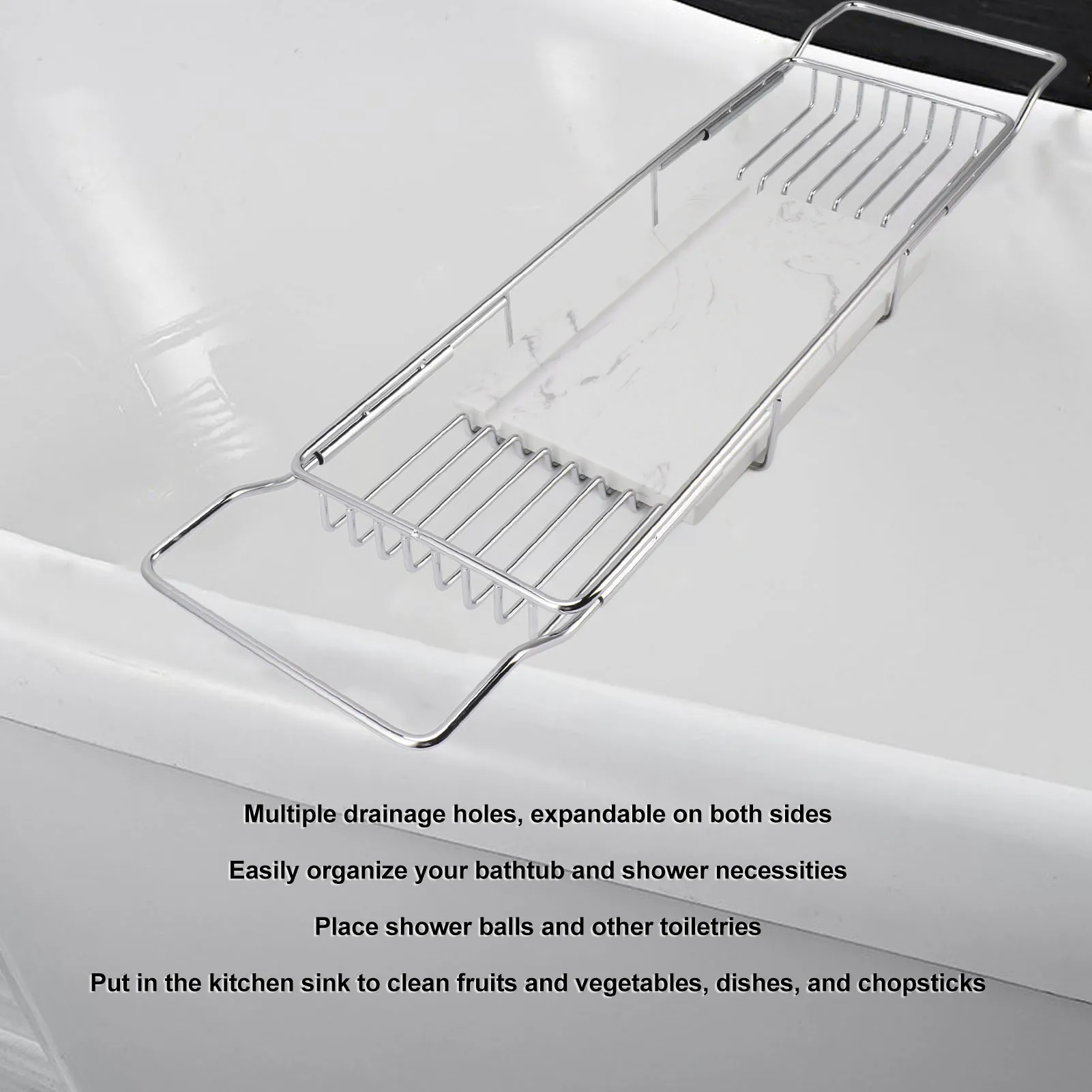 Metal Marble Bathtub Rack Anti Slip Space Saving Multi Functional Expandable Bathtub Tray