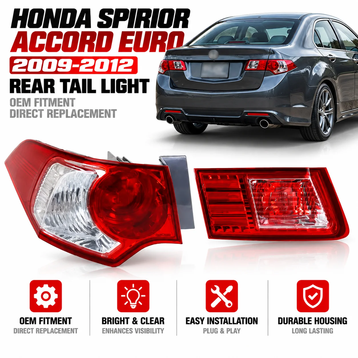 For Honda Spirior Accord Euro 2009 2010 2011 2012 Car Tail Light Rear Bumper Light Stop Brake Lamp Turn Signal Warning