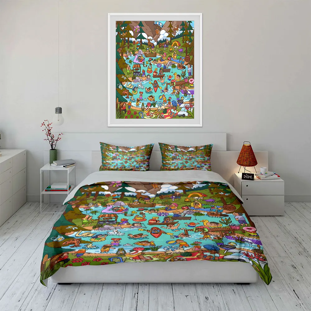 Lively Summer Lakeside Activities cartoon Print Soft Comfortable Duvet Cover Bedding Set Included 1*Duvet Cover  2*Pillowcases
