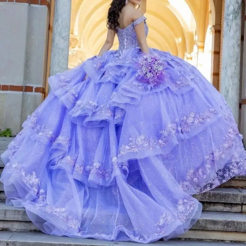 

2024 Lavender Quinceanera Dress Ball Gown Floral Applique Beading Tiered Mexico Corset Sweet 15 Vestido De 15 Anos