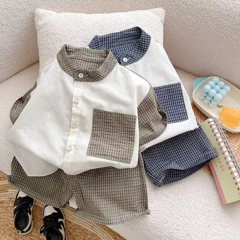 

Boys' Summer Set 2025 New Handsome and Fashionable Children's Korean Checkered Short sleeved Shirt Two Piece Set