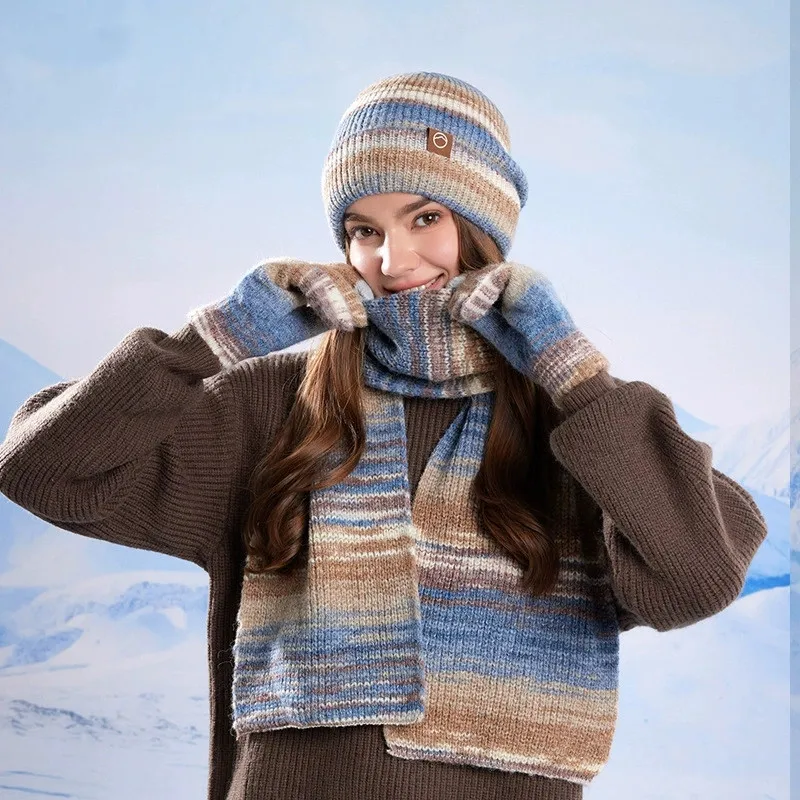 

New Autumn/Winter Women Ear-Protecting Colorful Knitted Hat Scarf and Gloves Set for Cold Weather Outdoor Warm Three-Piece Set