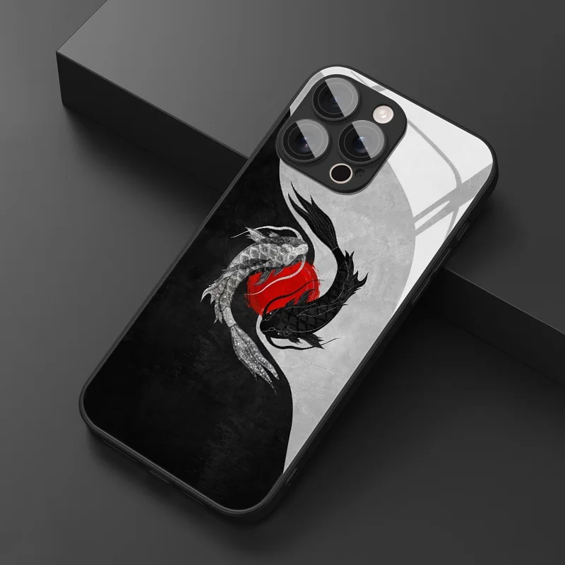 

Koi Yin Yang Art Design Tempered Glass Phone Case Suitable for iPhone 17 16 15 14 13 12 11 Pro/Max/Plus Anti Drop and Anti Shock