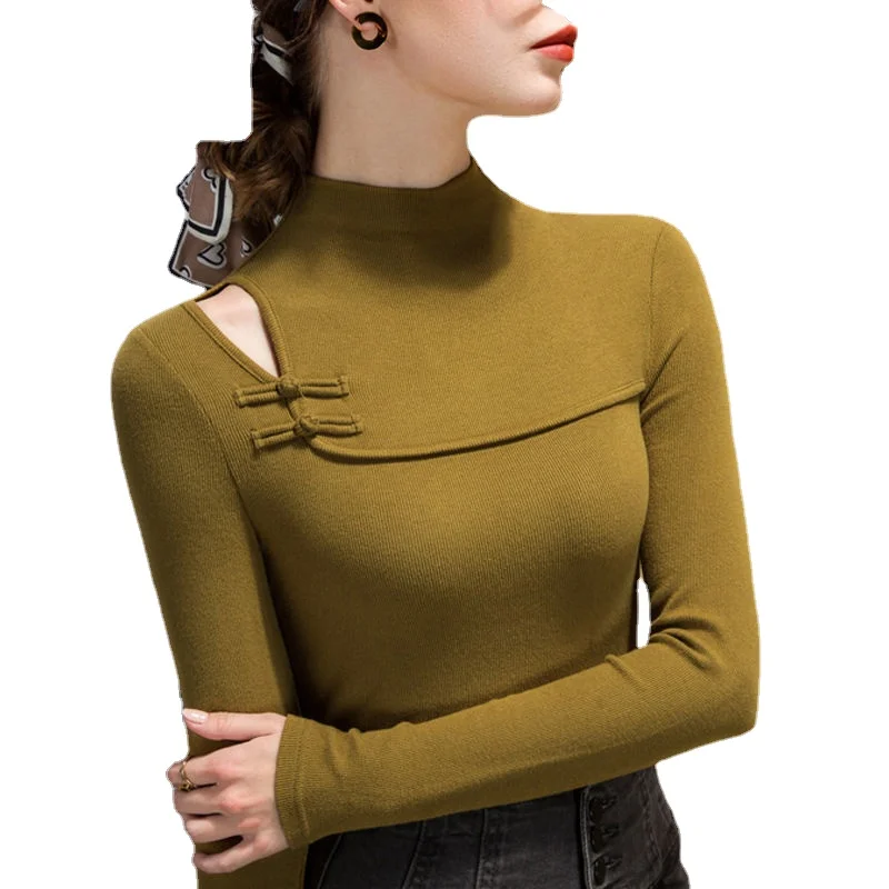 

2022 autumn new style off-the-shoulder sexy half turtleneck bottoming shirt women's brushed all-match thin top