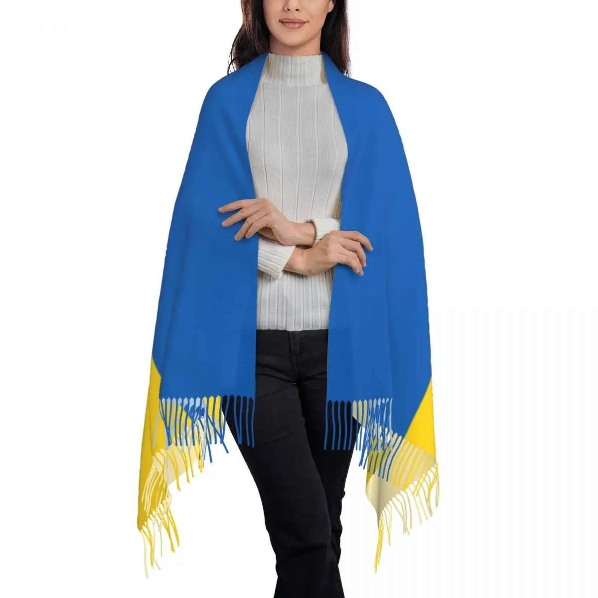 Custom Lady Large Flag Of Ukraine Scarves Women Winter Fall Thick Warm Tassel Shawl Wrap Scarf