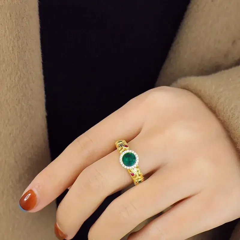 Natural Hetian Jasper Jade Exquisite Ancient Gold Craftsmanship Court Style Rings For Women High-Grade Retro Classic Jewelry