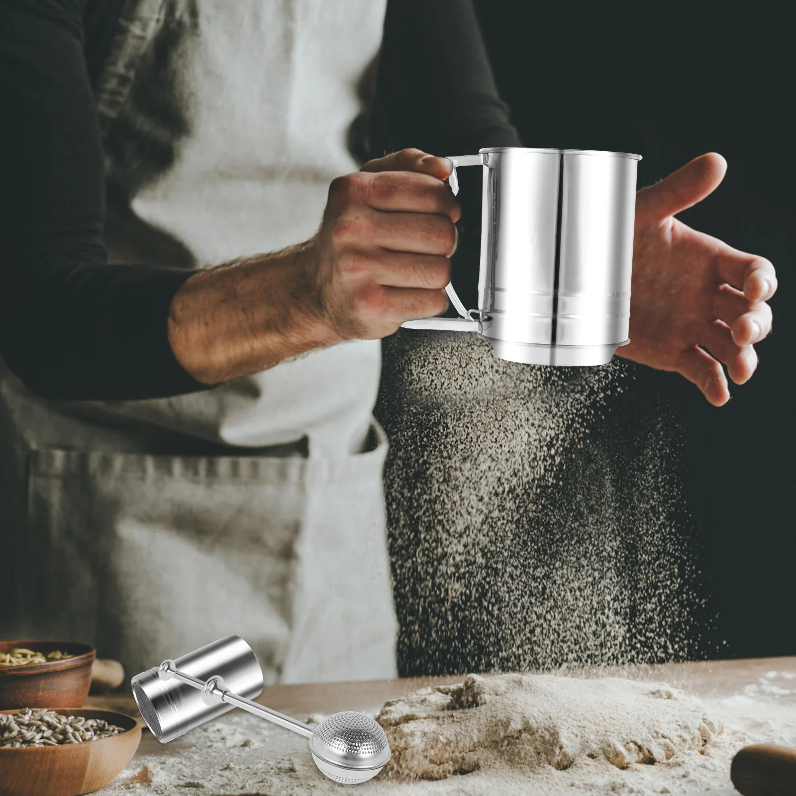 

3-In-1 Kitchen Baking Flour Sieve Handheld Semi-automatic Powdered Sugar Sieve Stainless Steel Food Strainers Baking Tools