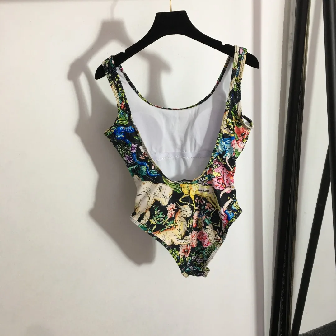 Floral Animal Plus Letter Logo Printed Pure Lust Style One-Piece Swimsuit Backless Bikini with Padded Breasts Aristocratic Style