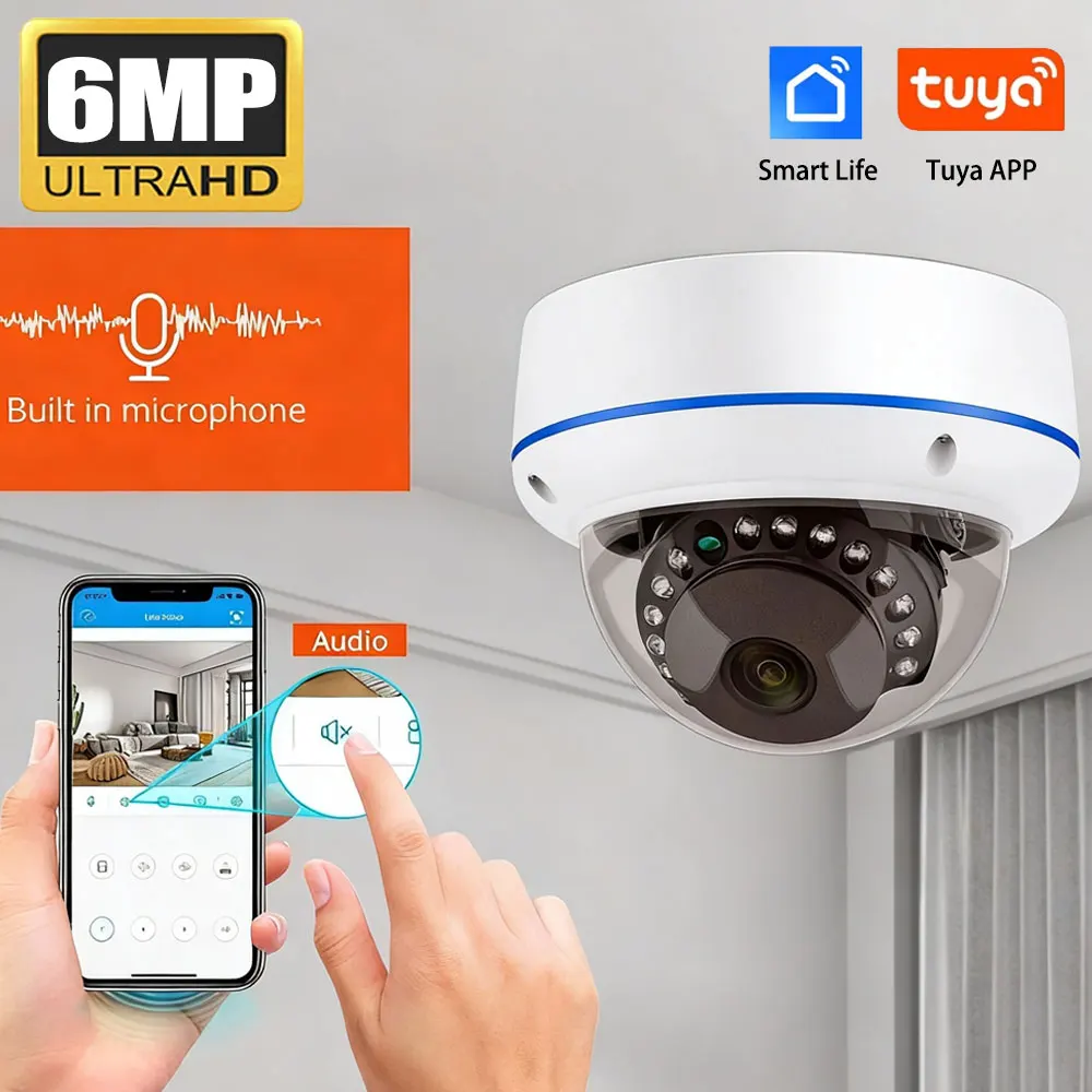 

6 МП H.265+ Tuya Металлическая купольная POE IP-камера с записью звука, уличная, вандалостойкая IP66, для домашней безопасности, с функцией обнаружения человека