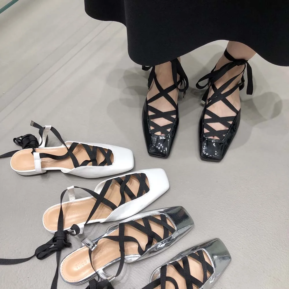 Square Toe Women Sandals Patent Leather Flat Heeled Cross Strap Lace Up Summer Party Sandals Shoes Woman Size 35-39 White Black