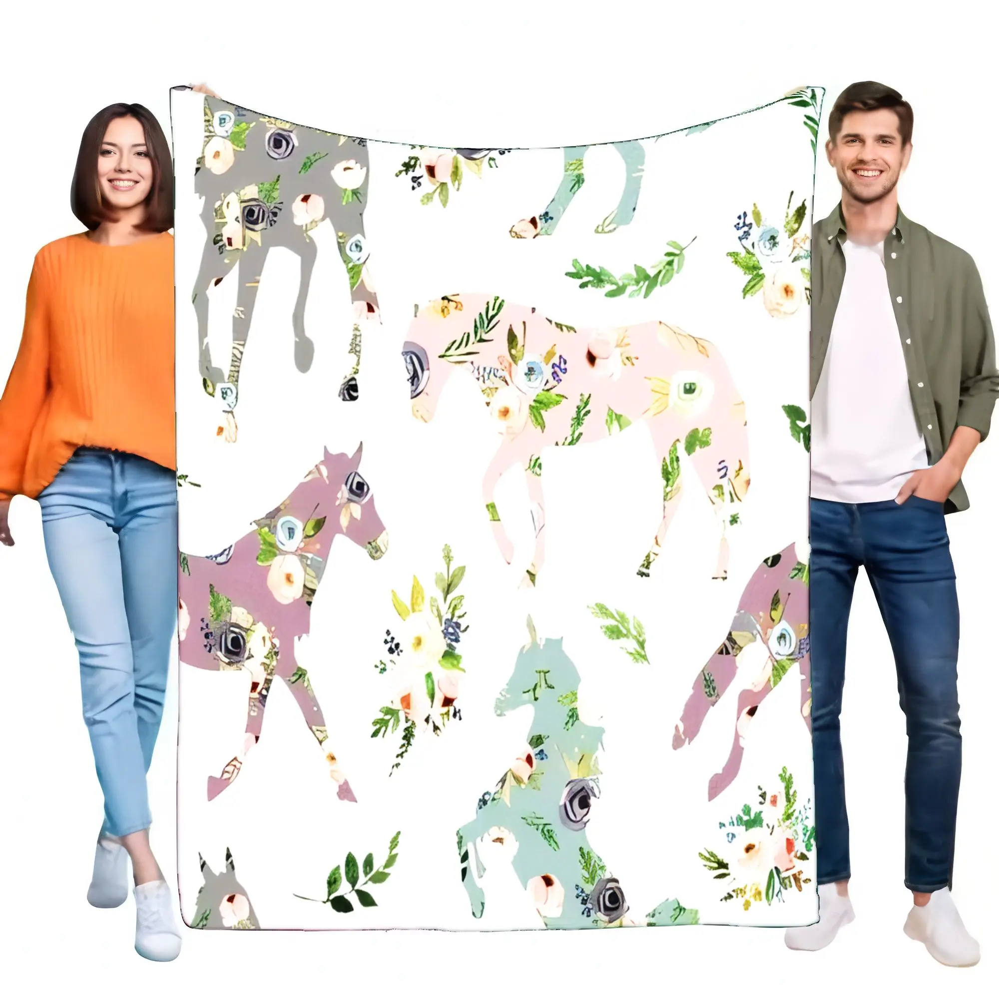 Floral Horse Pattern Blanket Soft Cozy Throw Perfect for Bed Sofa Decor Great Gift for Horse Lovers and Home Decoration