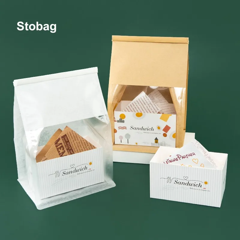 StoBag-White Kraft Paper Toast Bread Packaging Bags Cookies Bakery Birthday Favors Party Baking Handmade Wholesale 20 Pcs 50Pcs