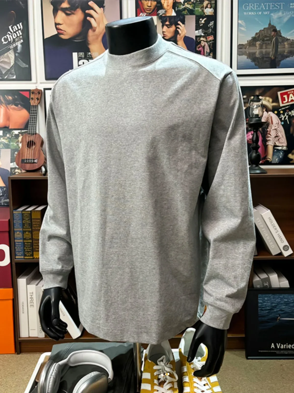 Gray Front Shoulder Small Neckline Sweater Men's Autumn and Winter Can Wear Bottoming Shirt Round Neck Long Sleeve T-shirt