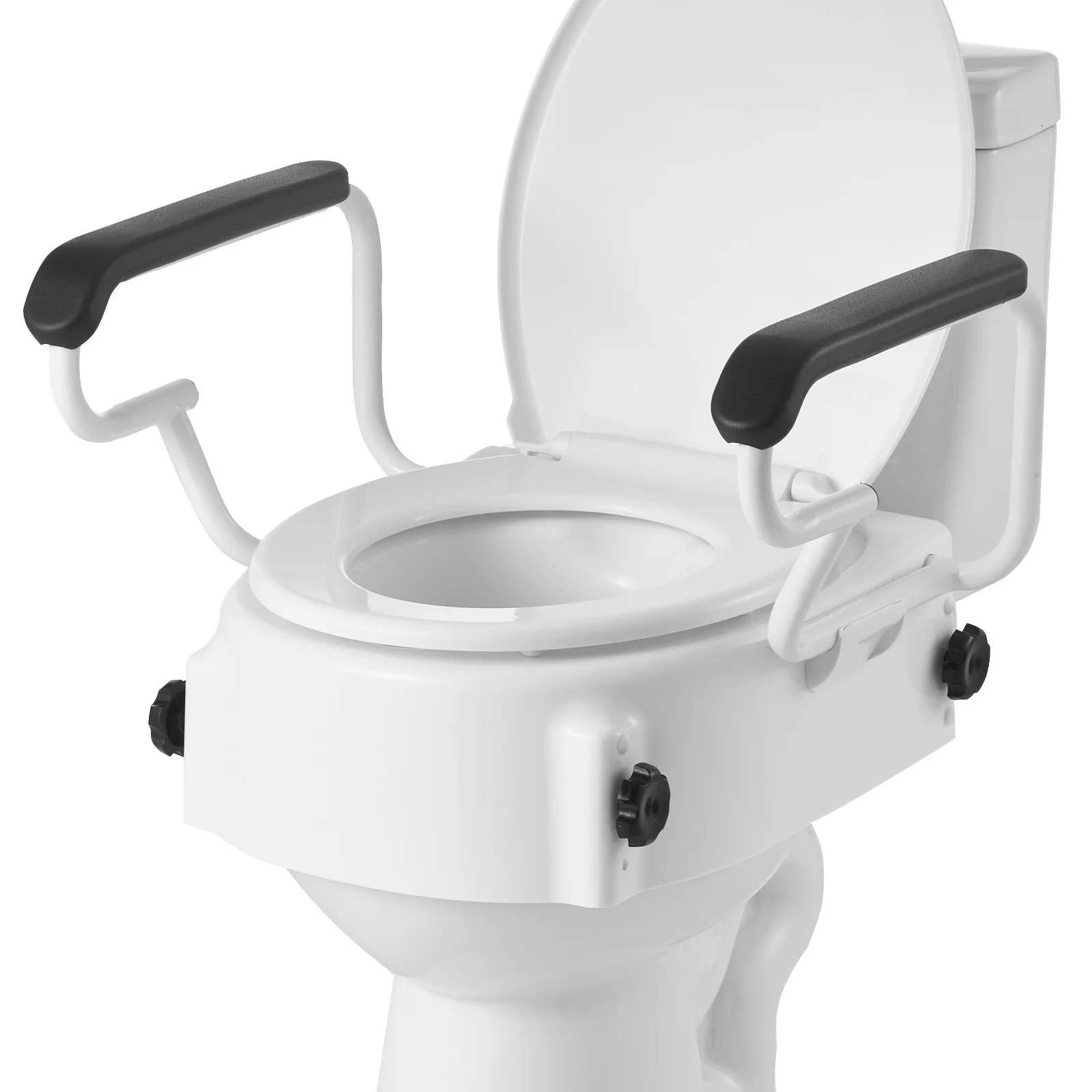 SucceBuy Raised Toilet Seat w/ Arms 300lb Load Capacity 3-Level Adjustable Height w/ Padded Handles for Seniors Elderly Handicap