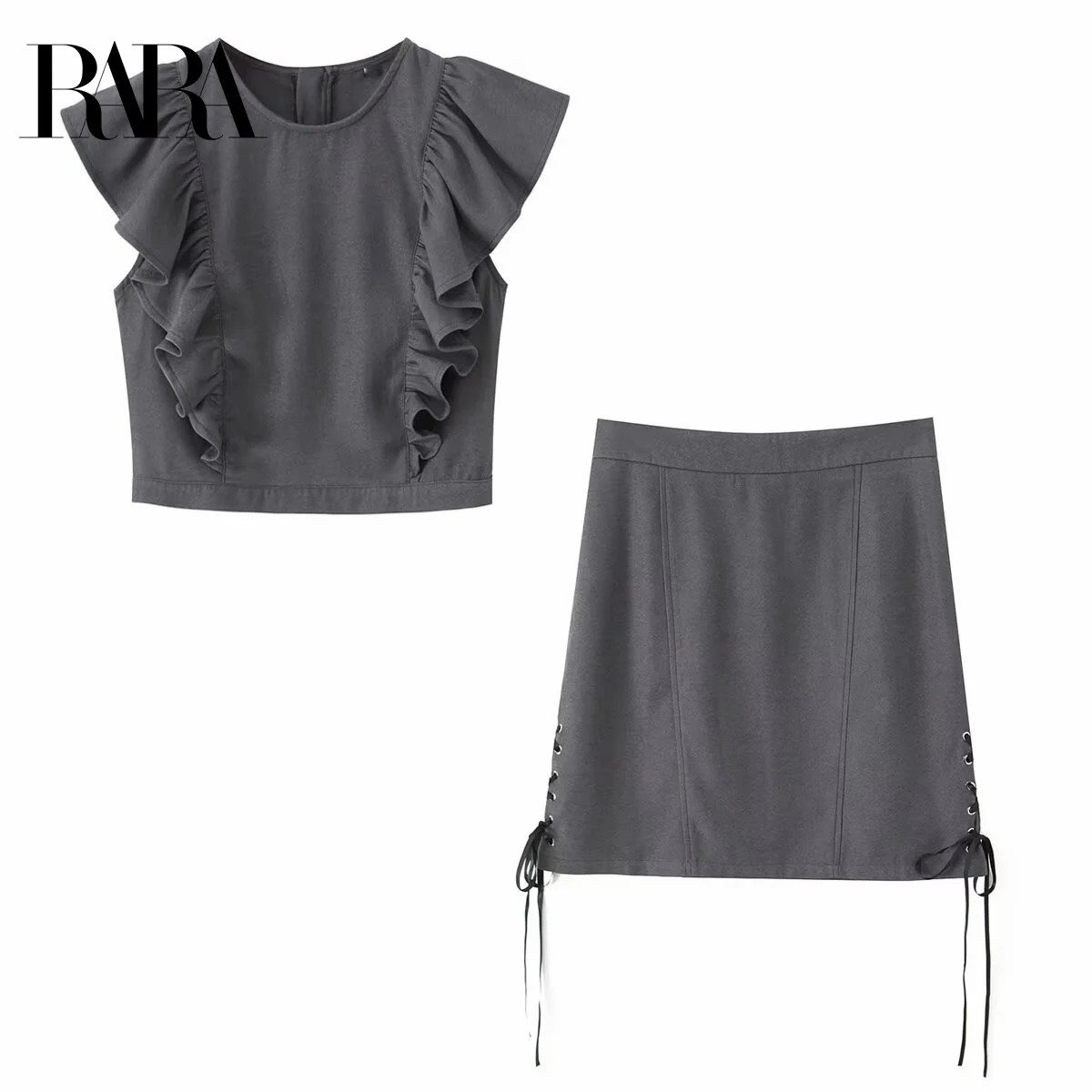 

RARA2025 new summer women's casual fashion simple round neck ruffled layered small flying sleeve vest top + bow tie mini skirt